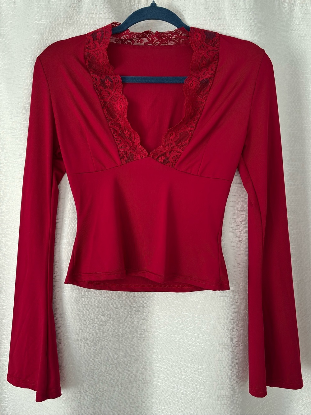Women's Lace Trim Deep V Long Sleeve Top - Red